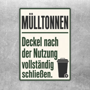 Mülltonnen Aufkleber mit grauer Tonne, Pfeil zum Deckelschließen und Hinweistext auf beigebraunem Motiv.