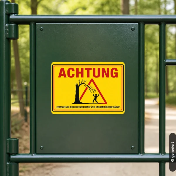 KI-generiertes Anwendungsbeispiel: Warnaufkleber an einem Tor im Forstbereich mit Hinweis auf herabfallende Äste und umstürzende Bäume.