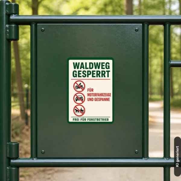 KI-generiertes Anwendungsbeispiel: Waldweg gesperrt Aufkleber an einem Forsttor mit klarer Warnwirkung und gut lesbarer Beschriftung