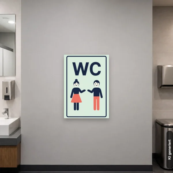 KI-generiertes Anwendungsbeispiel: WC Schild im Hochformat mit Damen- und Herren-Piktogramm zur klaren Kennzeichnung einer Toilettentür.