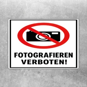 Fotografieren verboten Aufkleber mit rotem Verbotssymbol und Kameramotiv in Hochformat, schwarz-rot-weiß gestaltet.