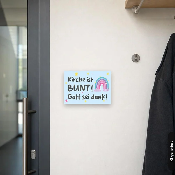 KI-generiertes Anwendungsbeispiel für Schild Kirche ist bunt - Gott sei dank: Schild klein und realistisch am passenden Einsatzort dargestellt.