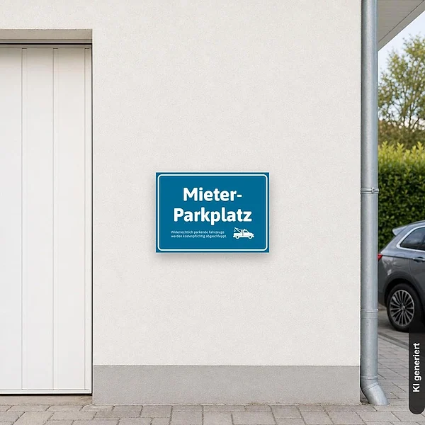KI-generiertes Anwendungsbeispiel für Schild Mieterparkplatz mit Abschlepper Parkplatz für Mieter blau: Schild klein und realistisch am passenden Einsatzort dargestellt.