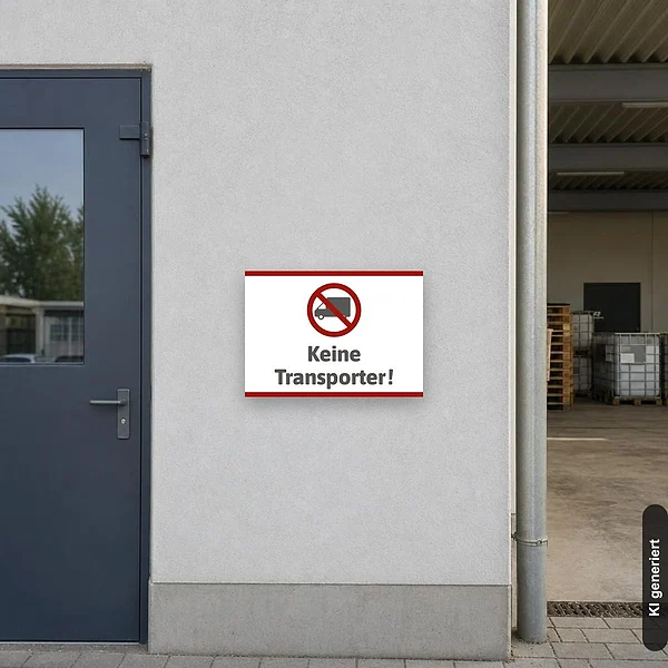 KI-generiertes Anwendungsbeispiel für Schild Keine Transporter: Schild klein und realistisch am passenden Einsatzort dargestellt.