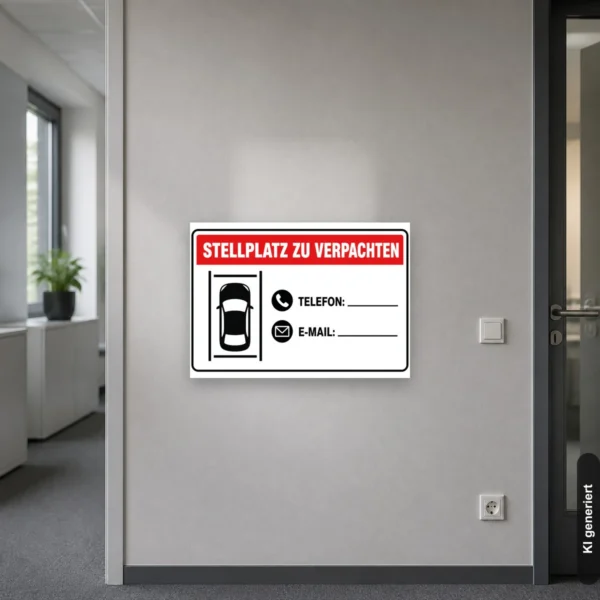 KI-generiertes Anwendungsbeispiel: Stellplatz zu verpachten Schild mit Kontaktfeld am passenden Einsatzort mit gut sichtbarem Motiv und klarer Beschriftung.