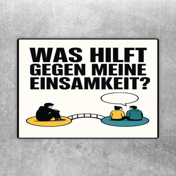 Bedruckter Demonstrationsaufkleber mit dem Text „Was hilft gegen meine Einsamkeit?“ und Figurenmotiv in Schwarz, Gelb und Türkis.
