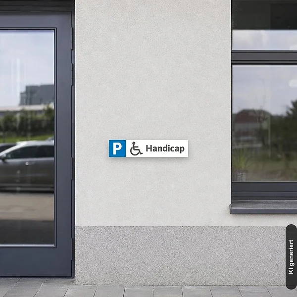 KI-generiertes Anwendungsbeispiel für Schild Handicap Rollstuhl Parkplatzschild P Behindertenparkplatz: Schild klein und realistisch am passenden Einsatzort dargestellt.
