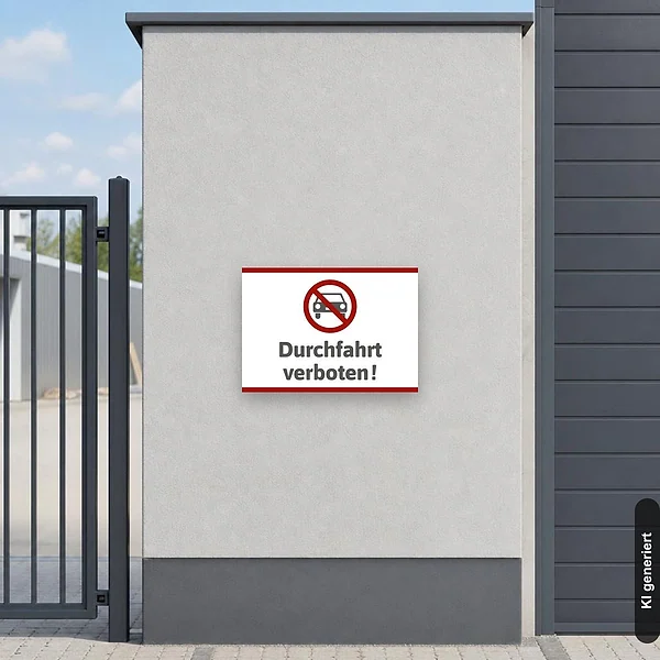 KI-generiertes Anwendungsbeispiel für Schild Durchfahrt verboten: Schild klein und realistisch am passenden Einsatzort dargestellt.