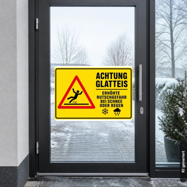 KI-generiertes Anwendungsbeispiel: Achtung Glatteis Aufkleber auf einer Tür im Eingangsbereich, gut sichtbar gegen Rutschgefahr bei Schnee und Regen.