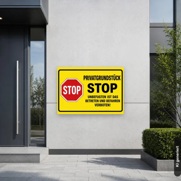 KI-generiertes Anwendungsbeispiel: Gelbes Verbotsschild für Privatgrundstück mit STOP-Symbol, an einer Zufahrt deutlich sichtbar montiert.