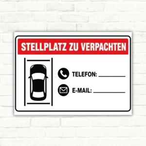 Stellplatz zu verpachten Schild mit Kontaktfeld mit gut lesbarem Motiv und klarer Beschriftung als bedrucktes Schild aus Aluminium-Verbundplatte.