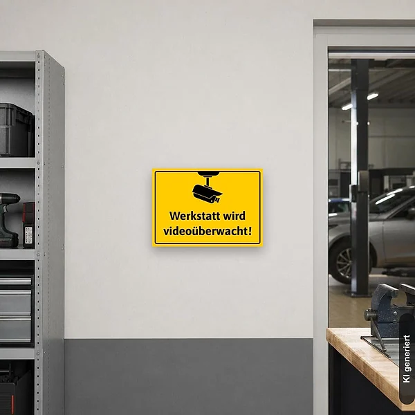 KI-generiertes Anwendungsbeispiel für Schild Werkstatt wird videoüberwacht Videoüberwachung: Schild klein und realistisch am passenden Einsatzort dargestellt.