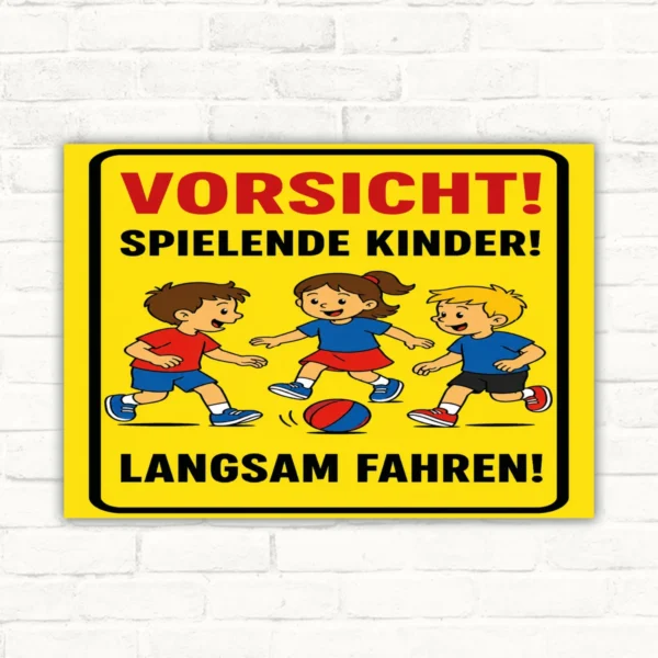 Gelbes Schild mit der Aufschrift „Vorsicht! Spielende Kinder! Langsam fahren!“ und drei spielenden Kindern.