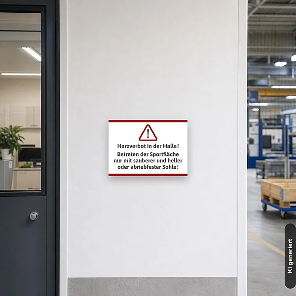 KI-generiertes Anwendungsbeispiel für Schild Hallenregeln Saubere Schuhe Harzverbot: Schild klein und realistisch am passenden Einsatzort dargestellt.