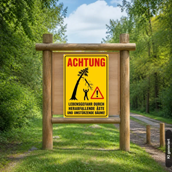 KI-generiertes Anwendungsbeispiel: Warnschild „Achtung Lebensgefahr durch herabfallende Äste und umstürzende Bäume“ an einem Waldweg.