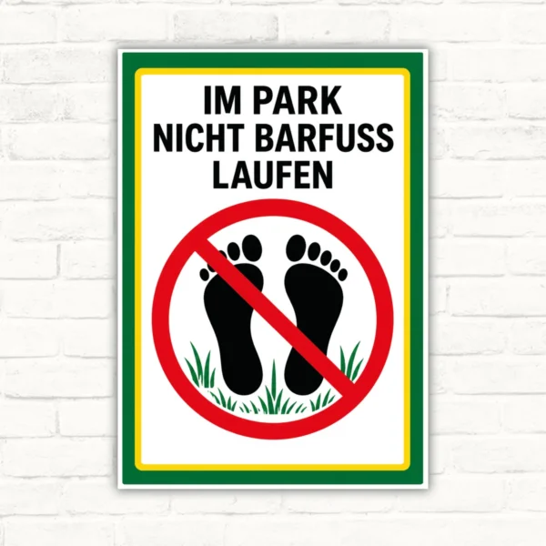 Im Park nicht barfuß laufen Schild mit gut lesbarem Motiv und klarer Beschriftung als bedrucktes Schild aus Aluminium-Verbundplatte.