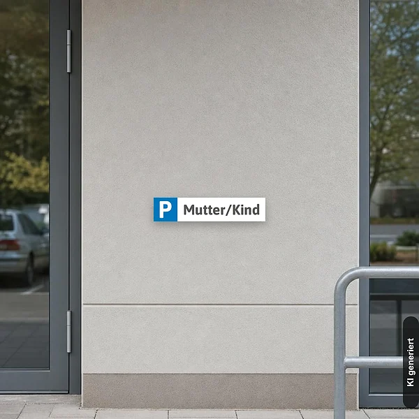 KI-generiertes Anwendungsbeispiel für Schild Mutter Kind Parkplatz Parkplatzschild Familienparkplatz: Schild klein und realistisch am passenden Einsatzort dargestellt.