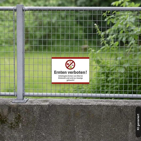 KI-generiertes Anwendungsbeispiel für Ernten verboten Schild – Unbefugtes Ernten von Obst untersagt: Schild klein und realistisch am passenden Einsatzort dargestellt.