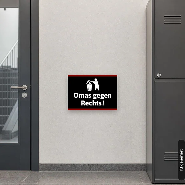 KI-generiertes Anwendungsbeispiel für Schild Omas gegen Rechts - schwarz: Schild klein und realistisch am passenden Einsatzort dargestellt.