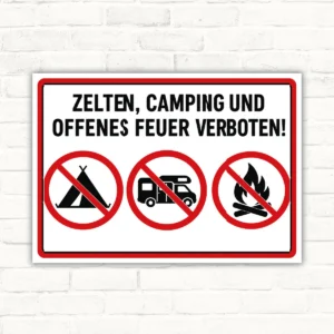 Offenes Feuer verboten Schild im Querformat mit Zelt-, Wohnmobil- und Lagerfeuer-Verbotssymbolen für Campingplätze.