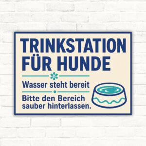 Querformatiges Schild „Trinkstation für Hunde“ mit Hund am Wassernapf und Hinweis „Wasser steht bereit“.