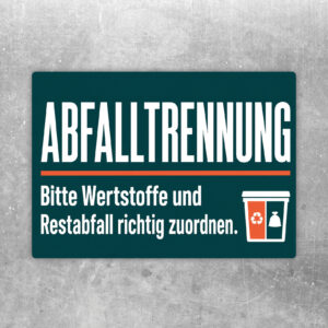 Abfalltrennung Aufkleber im Querformat mit Wertstoff- und Restabfall-Symbolen sowie zwei grauen Müllbehältern.