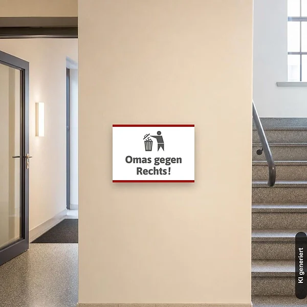 KI-generiertes Anwendungsbeispiel für Schild Omas gegen Rechts: Schild klein und realistisch am passenden Einsatzort dargestellt.