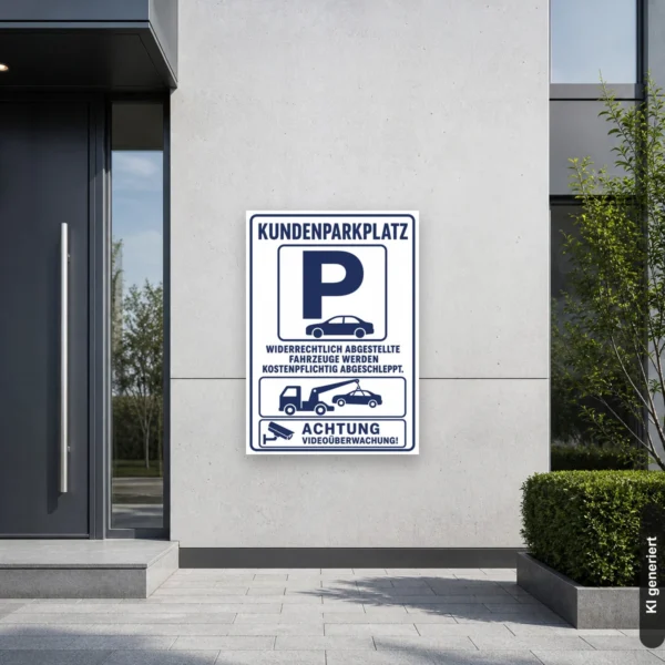 KI-generiertes Anwendungsbeispiel: Kundenparkplatz Schild mit Videoüberwachung und Abschlepphinweis am reservierten Stellplatz.