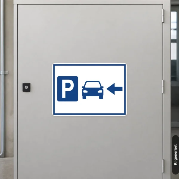 KI-generiertes Anwendungsbeispiel: Parkplatzschild links mit Pfeil Aufkleber an einer Zufahrt zur schnellen Orientierung.