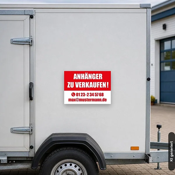 KI-generiertes Anwendungsbeispiel für Schild Anhänger zu verkaufen: Schild klein und realistisch am passenden Einsatzort dargestellt.