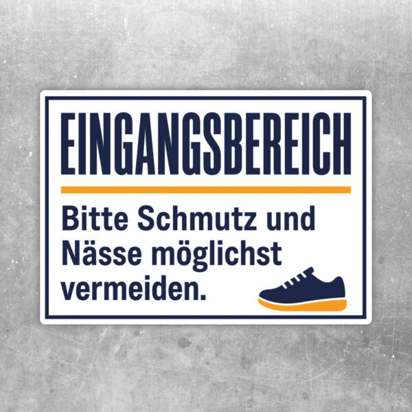 Querformatiger Eingangsbereich Aufkleber mit Hinweis Bitte Schmutz und Nässe möglichst vermeiden und Türillustration.