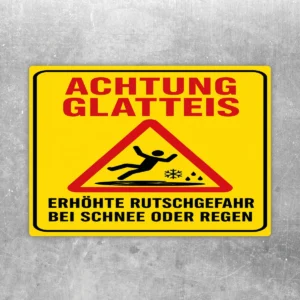 Achtung Glatteis Warnaufkleber in Gelb, Rot und Schwarz mit rutschender Figur und Hinweis auf erhöhte Rutschgefahr.
