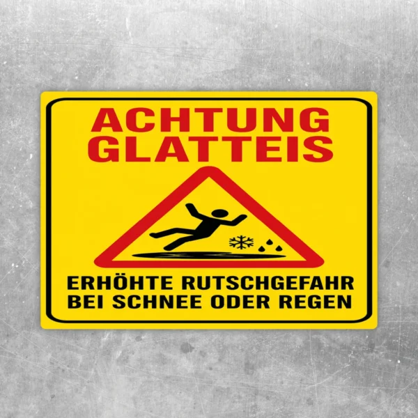 Achtung Glatteis Warnaufkleber in Gelb, Rot und Schwarz mit rutschender Figur und Hinweis auf erhöhte Rutschgefahr.