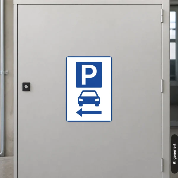 KI-generiertes Anwendungsbeispiel: Parkplatzschild links mit Pfeil Aufkleber in Blau und Weiß auf glatter Fläche zur Wegführung.