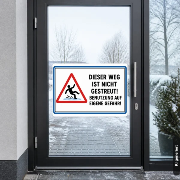 KI-generiertes Anwendungsbeispiel: Warnaufkleber an einem winterlichen Zugang mit rotem Dreieck und Hinweis auf glatte Wege.