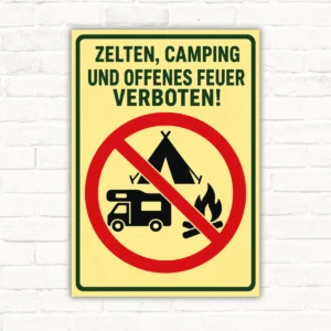 Verbotsschild mit Text „Zelten, Camping und offenes Feuer verboten!“ sowie Zelt-, Wohnmobil- und Feuersymbolen.