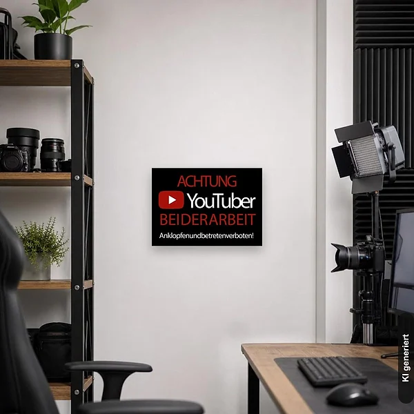 KI-generiertes Anwendungsbeispiel für Schild Achtung Youtuber bei der Arbeit: Schild klein und realistisch am passenden Einsatzort dargestellt.