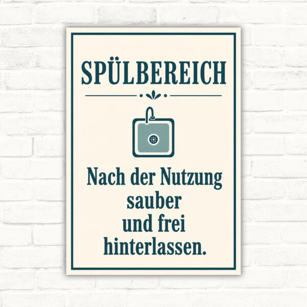 Spülbereich Schild „Nach der Nutzung sauber und frei hinterlassen“ mit gut lesbarem Motiv und klarer Beschriftung als bedrucktes Schild aus Aluminium-Verbundplatte.