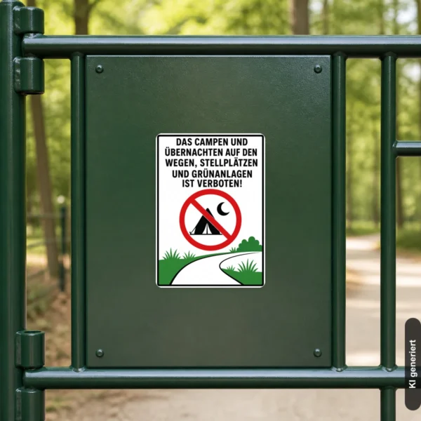KI-generiertes Anwendungsbeispiel: Camping und Übernachten verboten Aufkleber an einem Stellplatz mit rotem Verbotssymbol und klarer Warnwirkung.