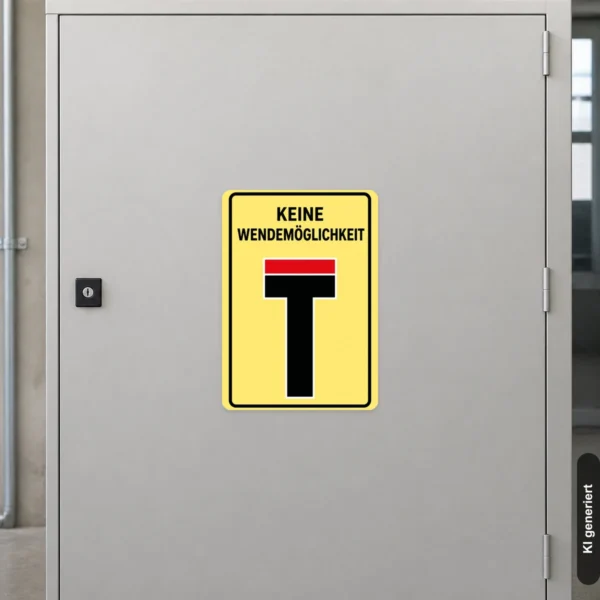 KI-generiertes Anwendungsbeispiel: Warnaufkleber Keine Wendemöglichkeit an einer gelben Zufahrtstür im Hochformat.