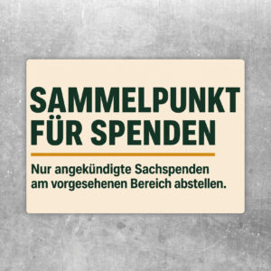 Querformatiger Aufkleber Sammelpunkt für Spenden mit Hinweis auf angekündigte Sachspenden und Sortiermotiv.