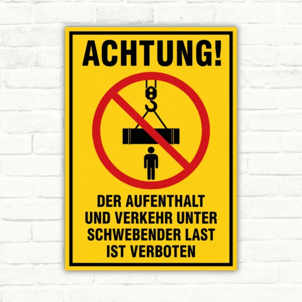 Gelbes Verbotsschild mit Text „Der Aufenthalt und Verkehr unter schwebender Last ist verboten“ und rotem Verbotssymbol.