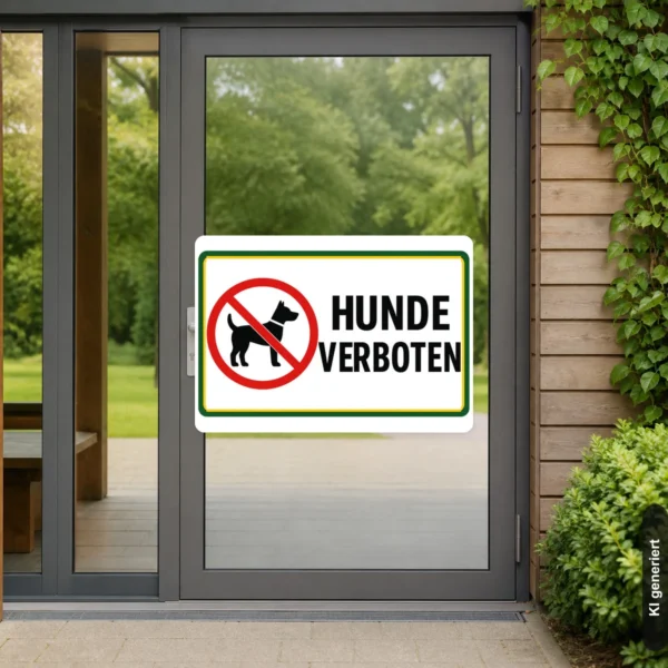 KI-generiertes Anwendungsbeispiel: Hunde verboten Aufkleber mit durchgestrichenem Hund auf einer glatten Eingangstür.
