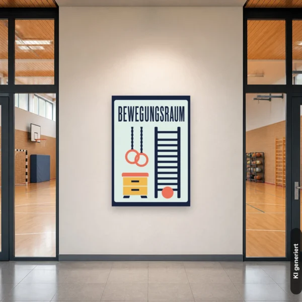 KI-generiertes Anwendungsbeispiel: Bewegungsraum Schild für Kinder und Jugendliche am passenden Einsatzort mit gut sichtbarem Motiv und klarer Beschriftung.