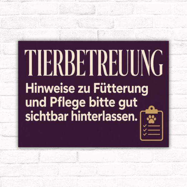 Tierbetreuung Schild mit Text „Hinweise zu Fütterung und Pflege bitte gut sichtbar hinterlassen“ und Haustiermotiv.