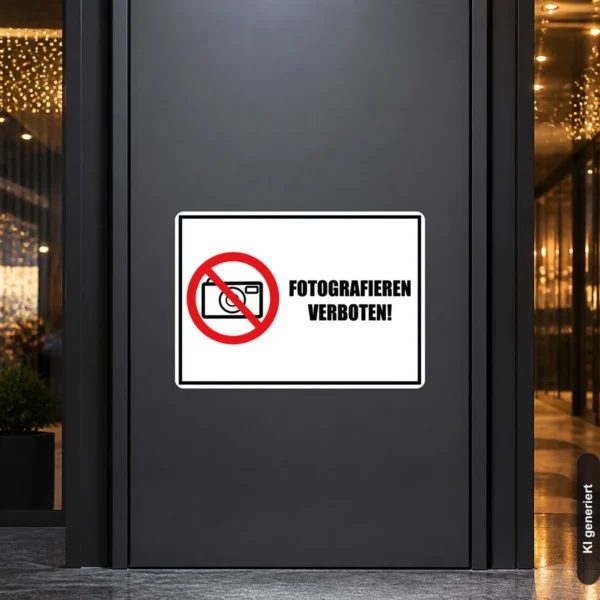 KI-generiertes Anwendungsbeispiel: Fotografieren verboten Aufkleber mit rotem Verbotssymbol und klarer Textbotschaft auf weißem Grund.