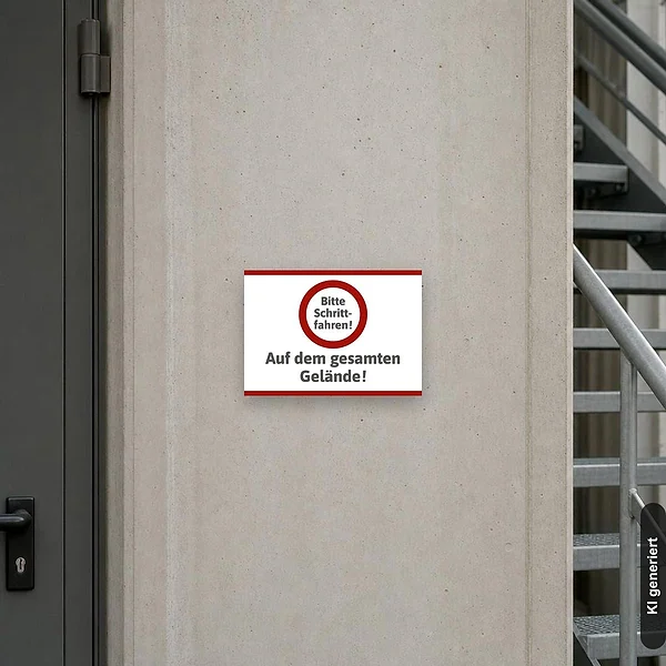 KI-generiertes Anwendungsbeispiel für Schild Bitte Schrittfahren auf dem gesamten Gelände: Schild klein und realistisch am passenden Einsatzort dargestellt.