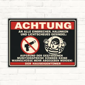 Warnschild mit Text „Achtung“ und humorvollem Einbrecher-Motiv als Querformat-Schild für Haus und Grundstück.