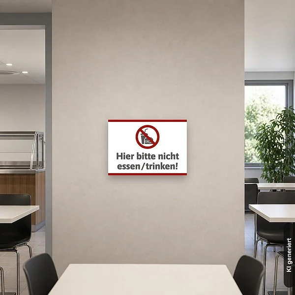 KI-generiertes Anwendungsbeispiel für Schild hier bitte nicht essen und trinken: Schild klein und realistisch am passenden Einsatzort dargestellt.