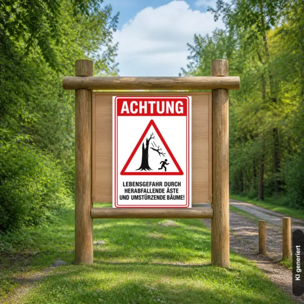 KI-generiertes Anwendungsbeispiel: Warnschild mit rotem Dreieck und Baumgrafik, Text „Lebensgefahr durch herabfallende Äste und umstürzende Bäume“ für einen Waldweg.